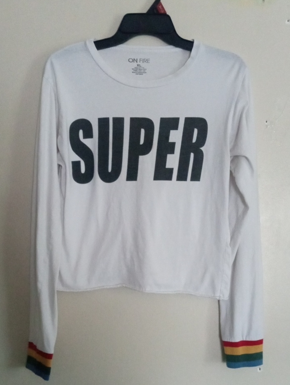 On Fire Rainbow Cuffs White Long Sleeve Tee with 'SUPER' Print XL